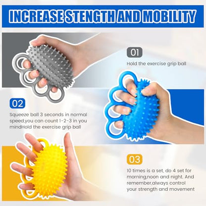 RoundFunny 3 Pack Hand Exercise Balls 3 Level Set Finger Strengthener Therapy Hand Balls Grip Strength Trainer Squeeze Stress Relief for Adults Elderly Stroke Arthritis Carpal Tunnel