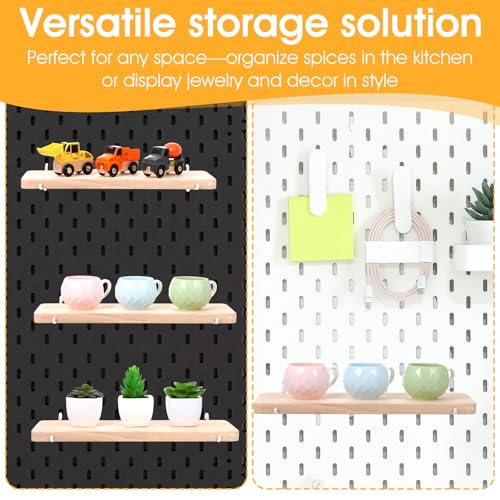 Lemecima 2 Pcs Pegboard Shelves, Solid Wood Wall Shelf with Hooks, Compatible with Skadis Pegboard, Organizer Accessories for Home & Office