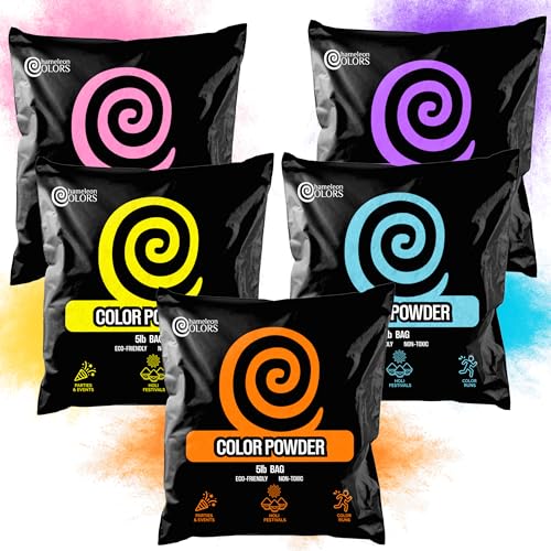 Chameleon Colors Colored Powder Bulk Bags, 5LB ea, Fun Run, Color War, 5 Pk | Non-Toxic & Washable, Colored Chalk for Throwing, School & Party Events, Holi Festivals, FD&C-Approved, 5 Vibrant Colors - size: 5 Pack