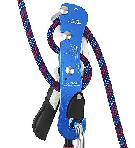 Self-Braking Stop Descender - CE Certified Rescue & Climbing Gear | Auto-Braking with Anti-Panic Function for Rescue, Cave Rappelling, Aerial Work, and Emergency Escape, Fits 9-12mm ropes - color: Blue Descender