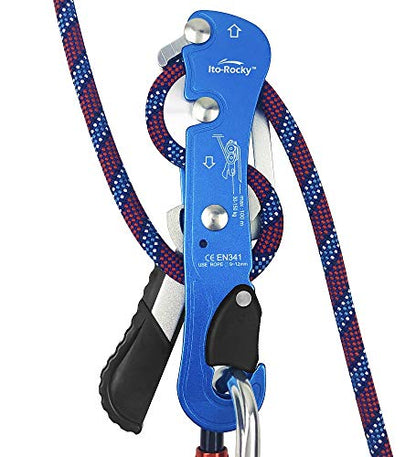 Self-Braking Stop Descender - CE Certified Rescue & Climbing Gear | Auto-Braking with Anti-Panic Function for Rescue, Cave Rappelling, Aerial Work, and Emergency Escape, Fits 9-12mm ropes - color: Blue Descender