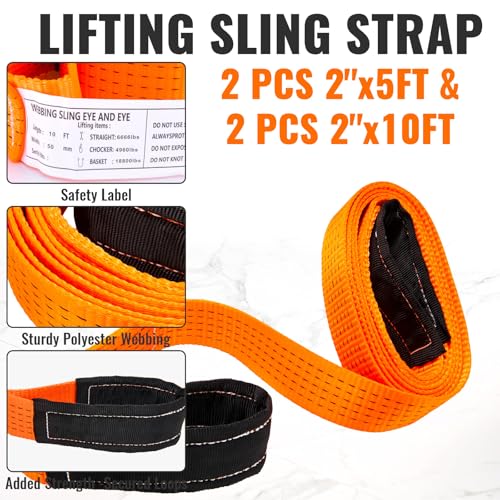 2PCS 2" x5FT & 2PCS 2" x10FT Heavy Duty Nylon Lifting Sling Strap, 18800lb Capacity Super Sturdy Flat Eye Rigging Strap for Hoist, Towing, Moving, Tree Saver Recovery, and Winch