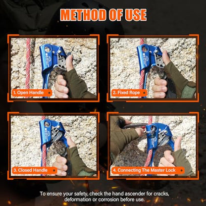 UIAA & CE Certified Rope Ascender Aluminum Alloy Rock Climbing Gear Strong Rigging Rappelling Equipment for Rock Tree Climbing Arborist Rescue Mountaineering Caving - color: Right Hand Blue 2