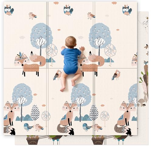 UANLAUO Foam Play Mat for Baby - Foldable Play Mats for Floor 59" x 59" Thick Foam Mats for Kids Reversible Educational Crawling Mat for Infants 6-12 Months & Toddlers, Easy Clean Playmat - color: Fox+tree, size: 59X59X0.4 Inch