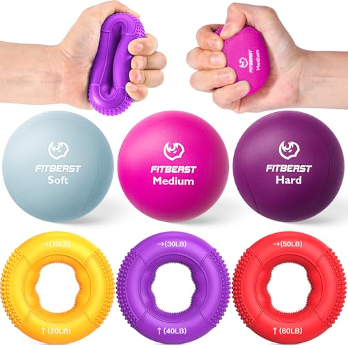 FitBeast Grip Strength Trainer, Finger Exerciser, Stress Balls for Adults 6-Piece Set, Hand Therapy for Strength, Recovery & Stress Relief, Forearm Strengthener for Men, Women & Seniors - color: 6-Piece Bright Tones