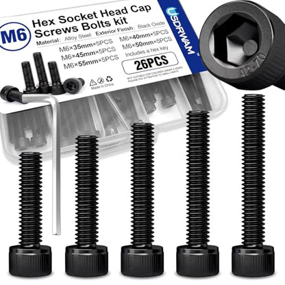 25PCS M6 Hex Socket Head Screws Assortment, 35-55mm | Includes 10mm, 16mm, 20mm, 25mm, 30mm, 35mm, 40mm, 45mm, 50mm, 55mm, 60mm, 65mm, 70mm, 75mm and 80mm lengths, Full thread - style: 25 PCS M6 × 35mm / 40mm / 45mm / 50mm / 55mm Black 304 Stainless Steel