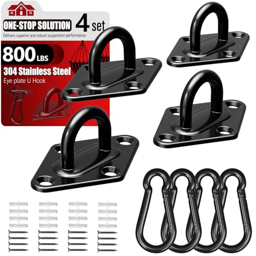 sprookber 304 Stainless Steel Pad Eye Snap Hooks, M6 Heavy Duty Ceiling Hooks, 800 lb Capacity Hammock Swing Hanging kit, Plant Hangers, Marine Hardware Staple Hook Loop with Screws, Set of 8(Black) - size: 2.3 inch, style: Black Rhombus