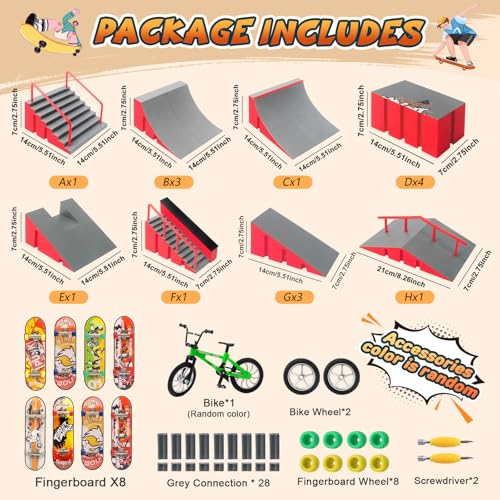 14-in-1 Fingerboard Skatepark Set with 8 Finger Skateboards and Finger Bike | Modular fingerboard skatepark, Multiple layouts, Smooth-edge ABS ramps, Half pipe and rails, Fits most standard fingerboards - color: 14in1-red