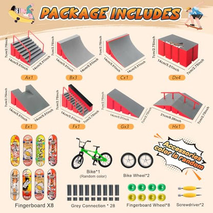 14-in-1 Fingerboard Skatepark Set with 8 Finger Skateboards and Finger Bike | Modular fingerboard skatepark, Multiple layouts, Smooth-edge ABS ramps, Half pipe and rails, Fits most standard fingerboards - color: 14in1-red