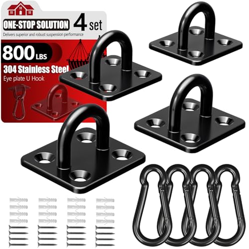 sprookber 304 Stainless Steel Pad Eye Snap Hooks, M6 Heavy Duty Ceiling Hooks, 800 lb Capacity Hammock Swing Hanging kit, Plant Hangers, Marine Hardware Staple Hook Loop with Screws, Set of 8(Black) - size: 2.3 inch, style: Black Square