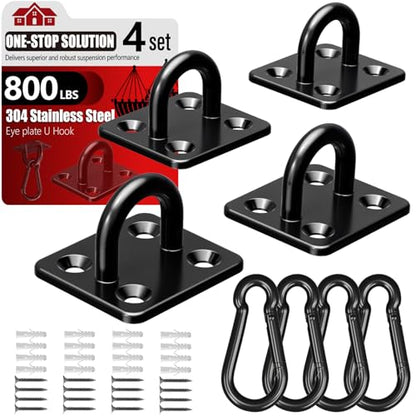 sprookber 304 Stainless Steel Pad Eye Snap Hooks, M6 Heavy Duty Ceiling Hooks, 800 lb Capacity Hammock Swing Hanging kit, Plant Hangers, Marine Hardware Staple Hook Loop with Screws, Set of 8(Black) - size: 2.3 inch, style: Black Square