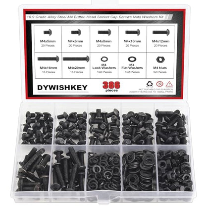 DYWISHKEY 386 Pieces M4 Black Screws, 10.9 Grade Alloy Steel M4x 5/6 /8/10 /12/16 /20mm Button Head Socket Cap Screws Bolts Nuts Washers Assortment Kit - size: M4, style: Button Head Socket Cap