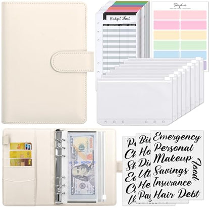 SKYDUE Budget Binder with 8pcs Zipper Envelopes, Money Organizer for Cash with 12pcs Expense Budget Sheets & 24 Blak Sticky Labels, Budget Book with Cash Envelopes (Creamy Oatmeal) - color: Creamy Oatmeal