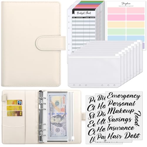SKYDUE Budget Binder with 8pcs Zipper Envelopes, Money Organizer for Cash with 12pcs Expense Budget Sheets & 24 Blak Sticky Labels, Budget Book with Cash Envelopes (Creamy Oatmeal) - color: Creamy Oatmeal