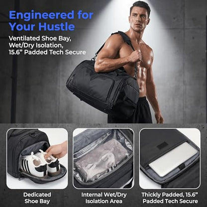 35L Water Resistant Gym Duffle Bag Separate Shoe Compartment | Polyester Water Resistant Fabric,35L Capacity,Wet Dry Separation,Shoe Pocket,Multi Storage Pockets,Gym Travel Daily Use