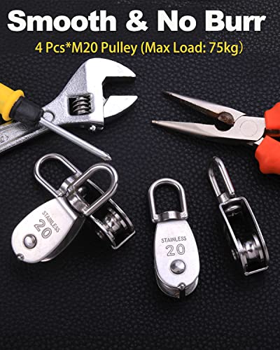 Rocaris 4 Pack 304 Stainless Steel M20 Single Pulley Block | 880 lb Capacity, Lifting Crane Swivel Hook, Roller Loading - style: 4 Pack M20 Single