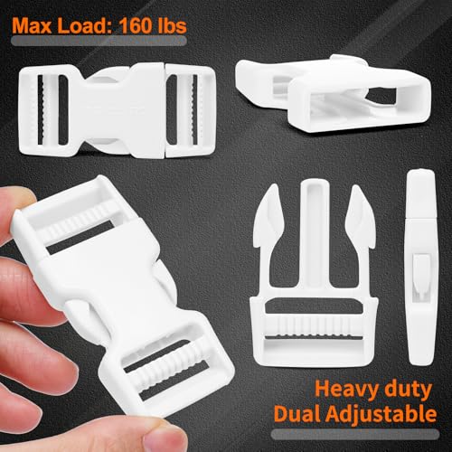 BEYOURD Buckle and Strap Set, 10 Yards Polyester Webbing Strap with 6 Dual Adjustable Side Release Plastic Buckles, 12 Pieces Tri-Glide Slider Clips for Custom Projects (Everyday Series 1 Inch, White) - color: White