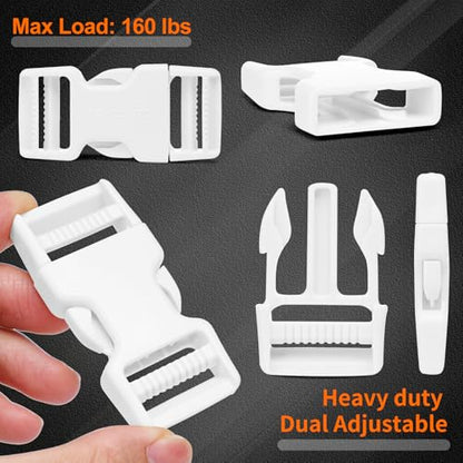 BEYOURD Buckle and Strap Set, 10 Yards Polyester Webbing Strap with 6 Dual Adjustable Side Release Plastic Buckles, 12 Pieces Tri-Glide Slider Clips for Custom Projects (Everyday Series 1 Inch, White) - color: White