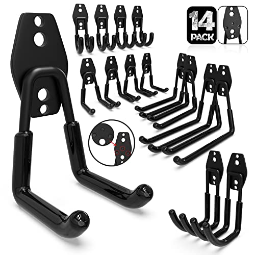 3-H Heavy Duty Garage Hooks, 14 Pack Wall Storage Organizer,Black | Multi-Purpose Garage Hooks to Organize Garden Lawn Tools, Sports Gear, Ladders, Power Tools & Outdoor Hoses - color: Black, size: 14