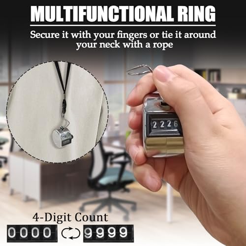 BGJRBY Metal Hand Tally Clicker Counter, 4-Digit Number Display for Coaching, Knitting, Lap, Fishing, Golf and Row Sport with 2-Nylon Lanyard,Silver