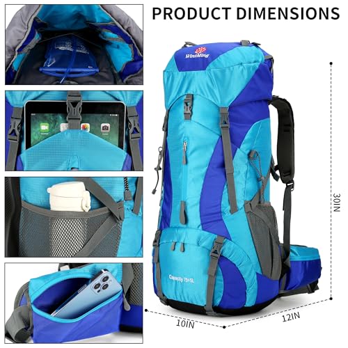 Hiking Backpack for Men and Women 70L+5L Waterproof Lightweight Camping Daypack with Rain Cover for Outdoor Travel Mountaineering - Frameless (Blue) - color: Blue