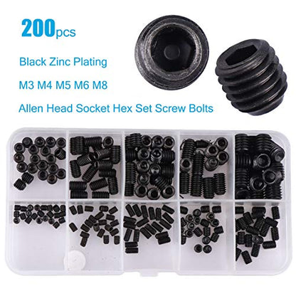 200Pcs Allen Head Socket Set Screws Internal Hex Drive Cup Point Grub Screw Assortment Kit Metric M3/M4/M5/M6/M8 - color: Black
