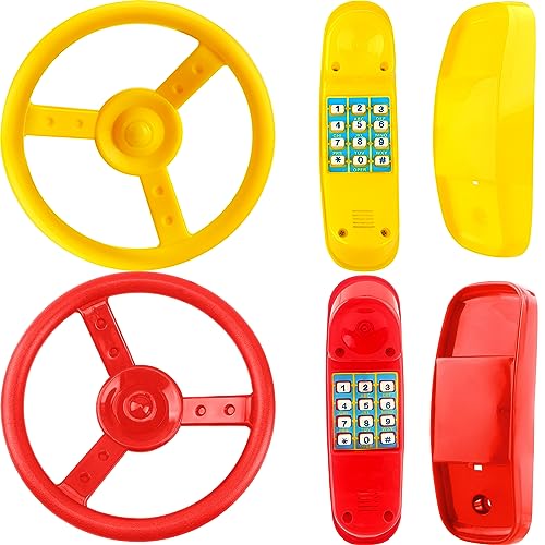 4 Pack Playground Accessories for Kids Outdoor Playground Steering Wheel Priate Ship Wheel Plastic Telephone Phone Toy Swing Set for Playground Backyard Playhouse Tree House (Yellow,Red) - color: Yellow,red