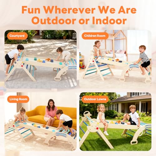 DUMOS Pikler Triangle Set, Toddler Climbing Toys and Play Structure Indoor, 9-in-1 Wooden Montessori Climbing Set with Arch, Ramp and Ladder, Foldable Baby Jungle Gym, Blue - color: Blue