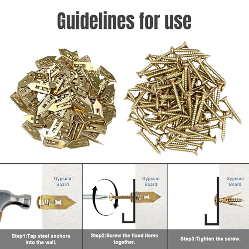 90PCS Self Drilling Drywall Anchors with Screws Kit, Zinc Plated Steel Wall Anchors and Self Tapping Screws Heavy Duty, No Drill Or Holes in Wall