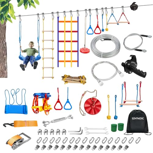 80FT Ninja Warrior Obstacle Course for Kids Backyard Outdoor | Stainless Steel Main Cable, Zipline Pulley, 11 Ninja Training Children Toy Accessories, Monkey Bar, Climbing Net, Swing - size: 80FT 11Pcs