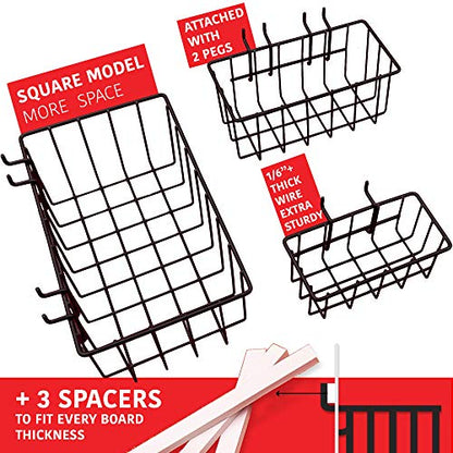 Heavy Duty Pegboard Hooks & Baskets Set, 60-Piece Pegboard Organizer | Stainless Steel ¼” Peg Board Accessories, 57 Chrome-Plated Peg Hooks & 3 Black Storage Bins for Garage, Workshop, Craft Room