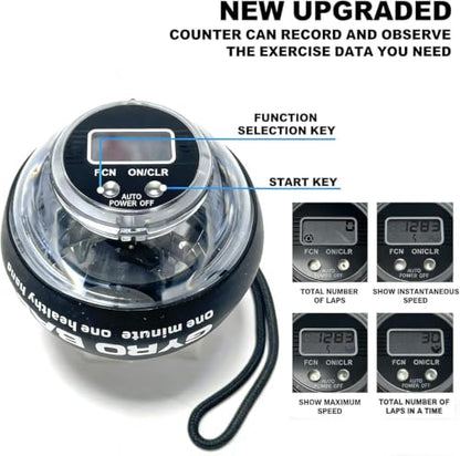 Auto-Start Wrist Power Gyro Ball with Counter & LED, Hand Grip Strength Trainer, Forearm Strengthener, Wrist Exerciser for Arm, Shoulder Relief, Gyroscopic ball for Athletes, Office & Rehab