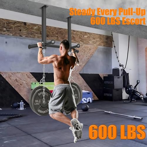 16" Ceiling Mount Pull Up Bar, Heavy Duty Steel Support 600 LBS | with Ball Finger & Round Anchors, Multi-Grip Pullup Bar, Ceiling Beam for Home/Gym/Garage/Basement, Easy Installation