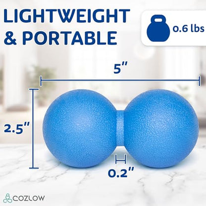 Peanut Massage Ball - Solid TPE - Deep Tissue Pain Relief - Blazing Blue | Cozlow 5" ultra firm double lacrosse massage ball, trigger point roller for mobility, acupressure tool for myofascial release