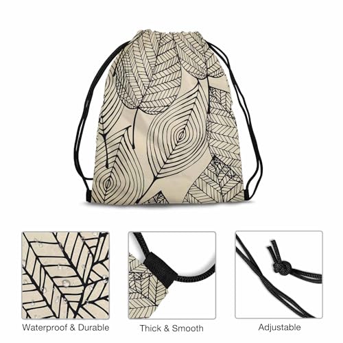 Drawstring Backpack Bag Black Texture Leaf Autumn Beige Seamless Stylized Leaf Pattern Lightweight Backpack Soccer Ball Bag Sutiable for Sports Beach Short Travel Stroage 14x16.9 Inch - color: Black Texture Leaf