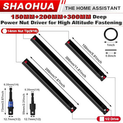 9/16"(14mm) Nut Driver 6" 8" 12", Deep Nut Runner Hollow Socket w/ 1/4" Hex Shank Adapter, 1/2" Drive 9/16 Socket for Ceiling Long Threaded Rod Bolts/Ductwork, 3 Length for Overhead Fastening - size: E. 9/16(14mm) 6" 8" 12"