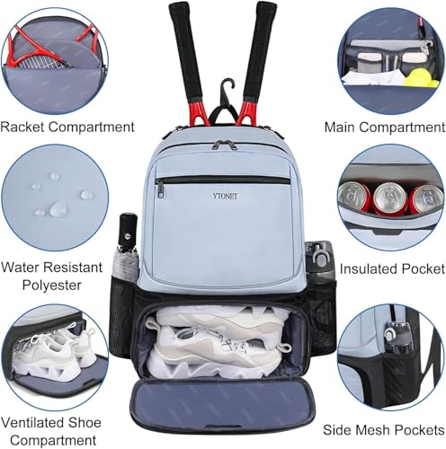 Ytonet Tennis Bag Tennis Backpack for Women Men 2 Rackets | Insulated Pocket and Ventilated Shoe Compartment, Gym Bags with Fence Hook for Pickleball and Badminton Rackets - color: Blue