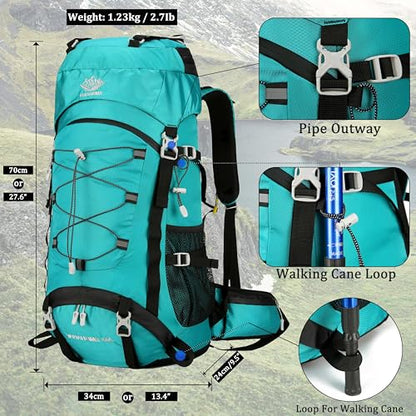 60L Travel Hiking Camping Backpack with Rain Cover, Backpack Water Resistant,Climbing Backpack for Men Women - color: Lake Blue