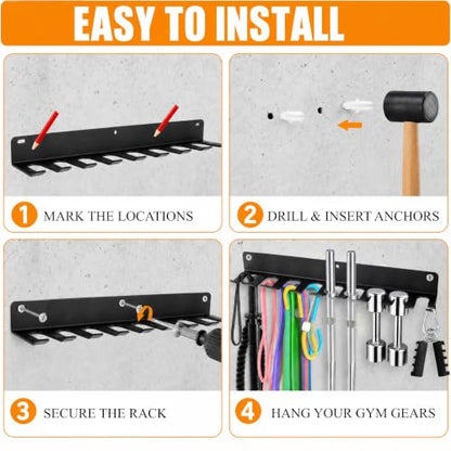 Tebery 9 Hook Home Gym Storage Rack Wall Mount, Fitness Equipment Organizer, Metal Gym Accessory Hanger for Exercise Bands, Jump Ropes, Barbells, Lifting Belts