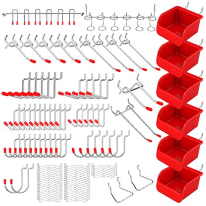 Ultimate 121-Piece Pegboard Hooks Set, Pegboard Accessories with Metal Hooks, Durable Peg Board Organizer Accessories, Pegboard Bins, Peg Board Tool Utility Hooks - style: 121 pcs -- Red