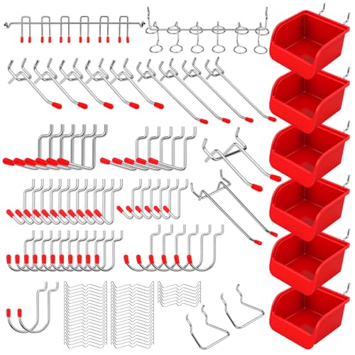 Ultimate 121-Piece Pegboard Hooks Set, Pegboard Accessories with Metal Hooks, Durable Peg Board Organizer Accessories, Pegboard Bins, Peg Board Tool Utility Hooks - style: 121 pcs -- Red