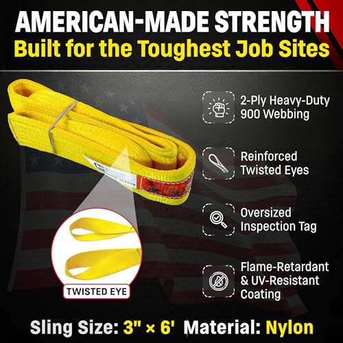 DD Sling (USA Made). 3" Widths by 6' to 20' Lengths in Listing, 2 Ply Twisted Eye, Nylon Lifting Slings, Eye & Eye, 8,900 lbs Vert, 7,200 lbs Choker, 17,800 lbs Basket Load Capacity (3" x 6') - size: 3" x 6'