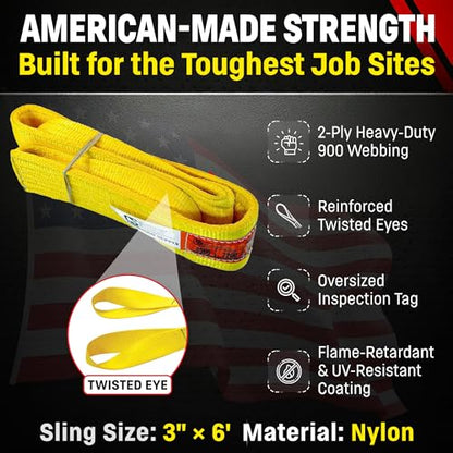 DD Sling (USA Made). 3" Widths by 6' to 20' Lengths in Listing, 2 Ply Twisted Eye, Nylon Lifting Slings, Eye & Eye, 8,900 lbs Vert, 7,200 lbs Choker, 17,800 lbs Basket Load Capacity (3" x 6') - size: 3" x 6'