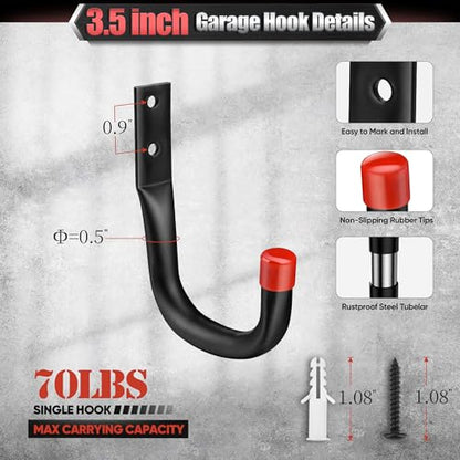 Nacial 10 Pack Garage Hooks Heavy Duty, 15" & 3.5" Kayak Storage Hooks with EVA Pads, 100LBS Capacity Large Garage Hooks for Hanging Bikes, Kayak Folding Chairs and Hanging Ladders - size: 10