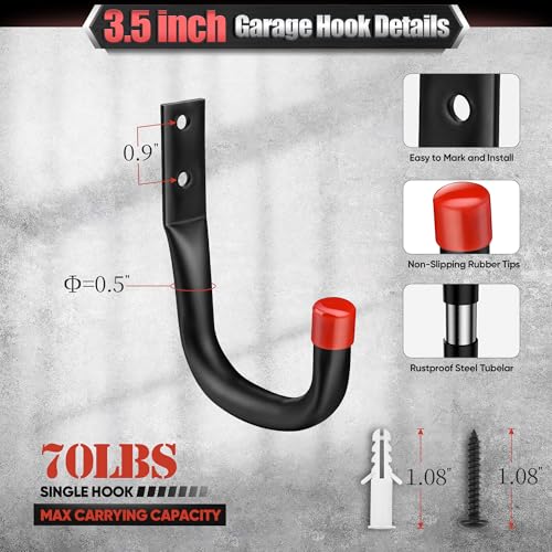 Nacial 20 Pack Garage Hooks Heavy Duty, 9.8" & 3.5" Garage Wall Hook with EVA Pads, 100LBS Capacity Hooks for Hanging Bikes, Kayak Folding Chairs and Hanging Ladders - size: 20