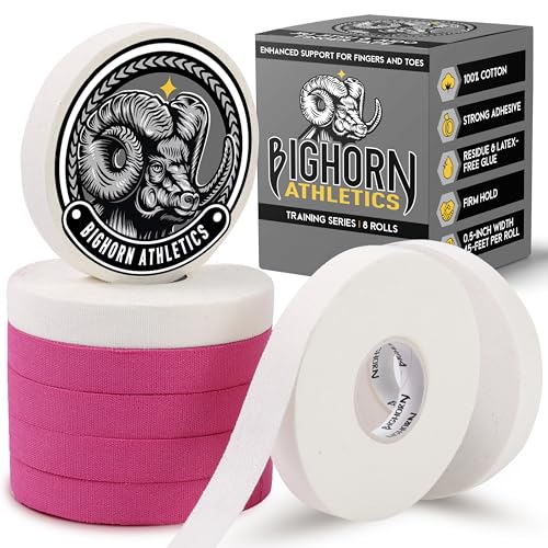 Bighorn Athletics Finger Tape, 0.5-Inch × 45-Feet, 8 Rolls, Pink/White | Athletic Sports Tape for Jiu Jitsu, Climbing, Volleyball, Golf. Hands & Toes Support. Residue-Free, Zinc Oxide Adhesive. - color: Pink & White, size: 0.5-Inch