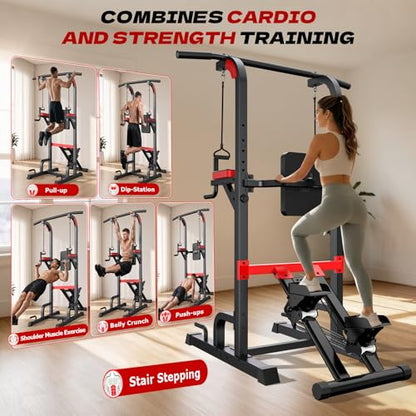 Power Tower Pull Up Bar Free Standing,Multi-Level Adjustable Height Dip Station, Multi-Grip Handles,Backrest,Home Gym Strength Training Equipment with Power Elastic Ropes,Capacity 400LBS