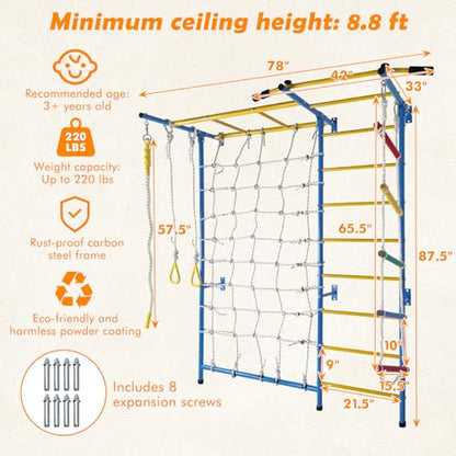 Indoor Playground, Wall Gym, in 1 Monkey Bars Climbing Ladder with Pull Up Bar, Rope Ladder, Rope Wall, Rope, Gymnastic Rings, Indoor Exercise Equipment for Kids and Adults