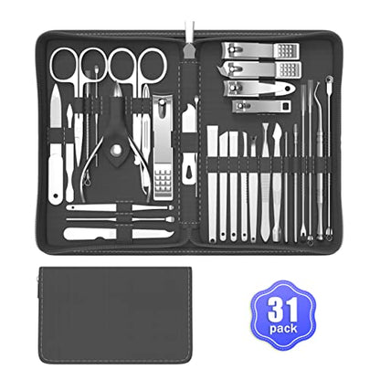 Cater Manicure Nail Clippers Kit - 31Pc Stainless Steel Nail Grooming Set with Luxurious Travel Case (Black) - color: Black