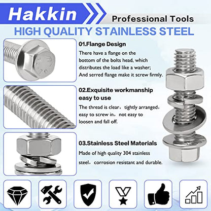 Hakkin 232Pcs Flange Hex Bolts and Nuts Kit M6 M8 M10 Metric Bolt Assortment, 304 Stainless Steel Metric Hex Bolt, M6-1.0 M8-1.25 M10-1.5 Flange Screw Set Nuts and Bolts Assortment Kit - size: 232PCS M6 M8 M10 Flanged Bolts Silver